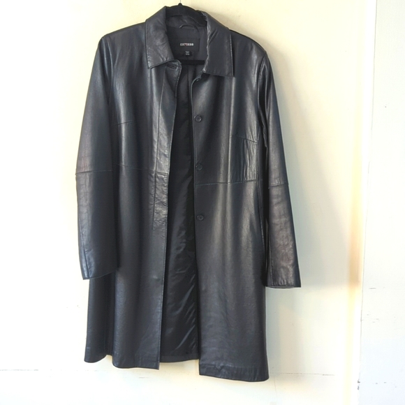 Express Vintage Genuine Leather Black Trench Jacket 13/14 - Picture 2 of 16